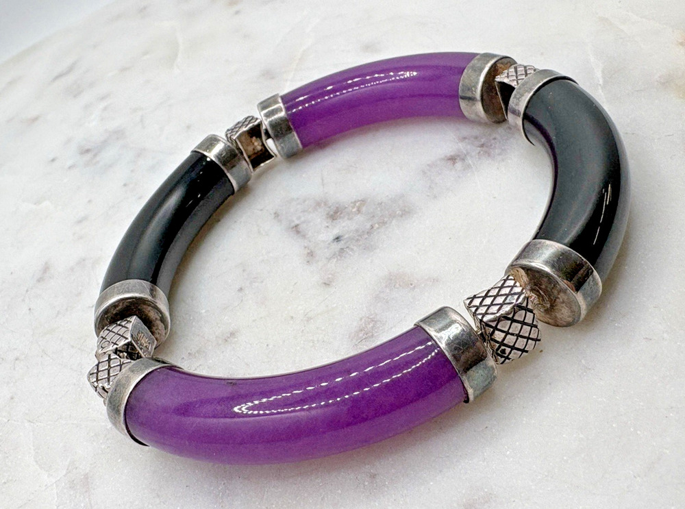Jade Chinese Purple Black 925 Sterling Silver Link Modernist Bracelet 43.87 g